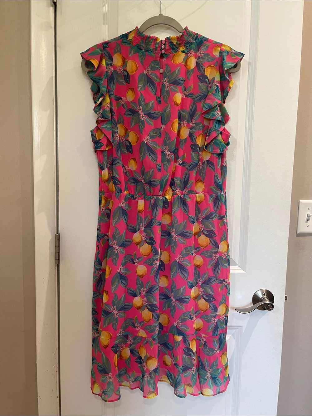 Sam Edelman Tropical Lemon Print High Neck Chiffon Shift Dress Size 12 Pink NWT - Picture 2 of 11